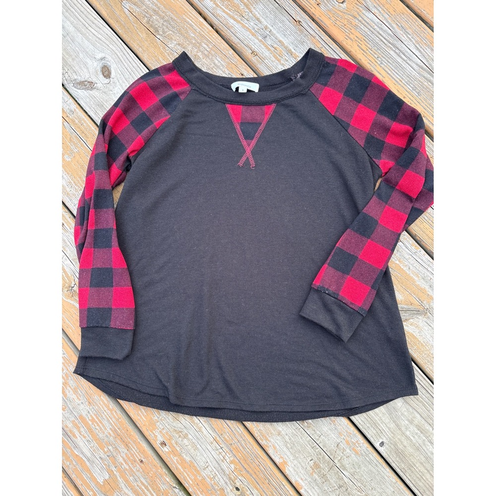 Hailey & Co Womens Small Buffalo Plaid Raglan Long Sleeve Top Black Red T8015